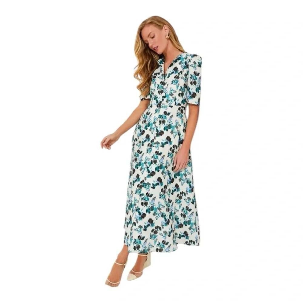 Tuckernuck Blue Blooms Linen Midi Dress Teal Floral Puff Sleeve XS NWT